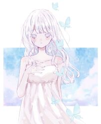 Rule 34 | 1girl, bare shoulders, blue butterfly, blue eyes, blush, bug, butterfly, closed mouth, cloud, collarbone, dress, hand on own chest, hand up, highres, insect, kotono n0, long hair, looking at viewer, original, sky, sleeveless, sleeveless dress, solo, strap slip, sundress, white dress, white hair