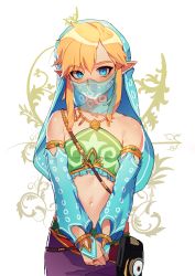 Rule 34 | 1boy, arabian clothes, bare shoulders, blue eyes, blush, bridal gauntlets, closed mouth, collarbone, commentary, cowboy shot, crossdressing, english commentary, frills, gerudo set (zelda), highres, link, male focus, mmlyno, mouth veil, navel, nintendo, own hands together, pointy ears, revealing clothes, see-through, sheikah slate, short hair with long locks, sidelocks, sketch, solo, stomach, the legend of zelda, the legend of zelda: breath of the wild, thick eyebrows, v arms, veil