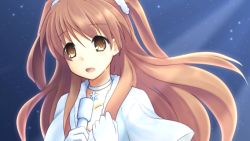Rule 34 | 10s, 1girl, :o, brown eyes, brown hair, capelet, choker, female focus, fuyuki koko, gloves, jewelry, long hair, microphone, neck, necklace, ogiso setsuna, open mouth, scrunchie, smile, snowflake necklace, snowflakes, solo, two side up, upper body, white album, white album (series), white album 2, white gloves