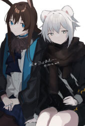 Rule 34 | 2girls, amiya (arknights), animal ears, arknights, black jacket, black scarf, blue eyes, blue skirt, brown hair, brown pantyhose, character request, closed mouth, feet out of frame, grey eyes, grey hair, hair between eyes, inu to milk, jacket, long hair, long sleeves, multiple girls, open clothes, open jacket, own hands together, pantyhose, puffy long sleeves, puffy sleeves, rabbit ears, scarf, shirt, simple background, sitting, skirt, smile, twitter username, white background, white shirt