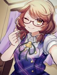 Rule 34 | blush, bolo tie, brown eyes, brown hair, buttons, closed mouth, collared shirt, desk, glasses, highres, indoors, looking at viewer, low twintails, medium hair, no headwear, one eye closed, ozawasan0930, plaid, plaid skirt, plaid vest, puffy short sleeves, puffy sleeves, purple skirt, purple vest, quimbaya airplane, red-framed eyewear, school uniform, selfie, semi-rimless eyewear, shirt, short sleeves, skirt, smile, thumbs up, touhou, twintails, under-rim eyewear, usami sumireko, vest, white shirt