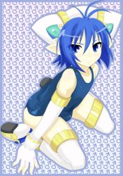 Rule 34 | 1boy, apacchi, bad id, bad pixiv id, blue eyes, blue hair, bulge, catoru dioskouroi, crossdressing, elbow gloves, fingerless gloves, frown, g.dioskuroi, gloves, male focus, matching hair/eyes, one-piece swimsuit, pointy ears, school swimsuit, shinrabanshou, sitting, solo, swimsuit, thighhighs, trap