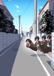Rule 34 | 1girl, afterimage, backpack, bag, black eyes, black hair, blush, breasts, building, city, day, falling, female focus, glasses, highres, large breasts, long skirt, manhole cover, mountainous horizon, necktie, o o, open mouth, original, outdoors, pleated skirt, power lines, red necktie, road, shoes, skirt, solo, tree, tripping, utility pole, walking, white footwear, zurikishi