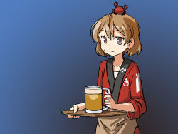 Rule 34 | 1girl, 1other, alcohol, animal, animal on head, bandaid, bandaid on face, beer, beer mug, blue background, brown eyes, brown hair, commentary, crab on head, cup, english commentary, gradient background, happi, japanese clothes, kantai collection, looking at viewer, mug, oboro (kancolle), on head, one-hour drawing challenge, short hair, sixten, smile, tray