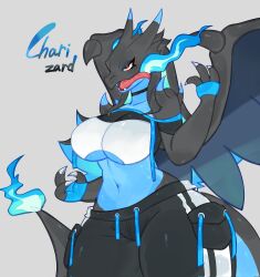 Rule 34 | baggy pants, black hair, black skin, blue fire, blue hair, blue skin, breasts, breath weapon, breathing fire, charizard, choker, claws, clothing cutout, colored skin, creatures (company), dragon, dragon girl, dragon horns, dragon tail, dragon wings, eyeshadow, fire, game freak, gen 1 pokemon, highres, horns, huge breasts, long hair, makeup, mega charizard x, mega pokemon, midriff, multicolored hair, navel, nintendo, pants, pocket, pokemon, pokemon (creature), red eyes, reptile girl, tail, togetoge, tongue, tongue out, underboob cutout, wings