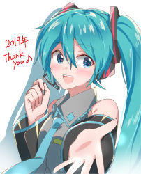 Rule 34 | 1girl, 2020, aqua eyes, aqua hair, aqua necktie, bare shoulders, black sleeves, blush, commentary, detached sleeves, eighth note, grey shirt, hair ornament, hand up, hatsune miku, headphones, headset, highres, long hair, looking at viewer, musical note, necktie, outstretched arm, reaching, reaching towards viewer, shirt, sleeveless, sleeveless shirt, solo, supo01, thank you, twintails, upper body, very long hair, vocaloid