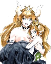 Rule 34 | 2girls, age difference, akuroporisu, armlet, bare shoulders, black dress, blonde hair, blue eyes, bowsette, bowsette jr., breasts, cleavage, collar, crown, dress, earrings, highres, horns, jewelry, large breasts, long hair, looking at viewer, mario (series), mother and daughter, multiple girls, new super mario bros. u deluxe, nintendo, open mouth, pointy ears, simple background, smile, spiked armlet, spiked collar, spiked shell, spikes, strapless, strapless dress, super crown, turtle shell, upper body, white background, white horns
