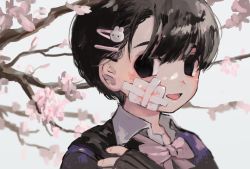 Rule 34 | 1girl, :d, black eyes, black hair, black sweater, blood, blood on face, bow, bowtie, branch, cherry blossoms, close-up, collared shirt, empty eyes, fingernails, hair ornament, hair over eyes, hairclip, hand on own shoulder, highres, injury, looking at viewer, mino (kirarayakubou), open mouth, original, outdoors, pink bow, pink bowtie, portrait, rabbit hair ornament, ribbed sleeves, shirt, short hair, sleeves past wrists, smile, solo, sweater, swept bangs, tongue