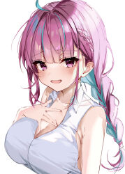 Rule 34 | 1girl, absurdres, ahoge, alternate costume, blue hair, blush, braid, breasts, cleavage, collared shirt, colored inner hair, hand on own chest, highres, hololive, large breasts, long hair, looking at viewer, minato aqua, multicolored hair, open mouth, pink hair, purple eyes, shirt, sleeveless, sleeveless shirt, smile, solo, twin braids, two-tone hair, virtual youtuber, white background, ya ta