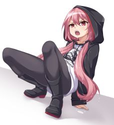 Rule 34 | 1girl, angry, black footwear, boots, commentary request, english text, hair between eyes, highres, hood, hood up, hoodie, krul tepes, kyuutou (kyuutouryuu), long hair, looking at viewer, open mouth, owari no seraph, pink hair, red eyes, solo, twintails, wet, wet hair, white background