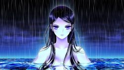 Rule 34 | 1girl, black hair, blue sky, breasts, cloud, commentary request, dark clouds, dark sky, highres, italian commentary, long hair, marco albiero, medium breasts, mortebianca, overcast, partially submerged, pink lips, purple eyes, rain, sky, solo, upper body