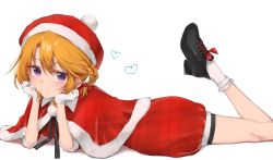 Rule 34 | 1girl, :t, braid, capelet, hands on own cheeks, hands on own face, hat, head rest, heart, heart print, idolmaster, idolmaster cinderella girls, looking at viewer, lying, on stomach, orange hair, purple eyes, red capelet, red hat, red shorts, santa costume, santa hat, shorts, simple background, solo, toya 0321, white background, yuuki haru