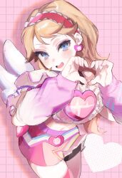 Rule 34 | 1girl, :d, absurdres, blonde hair, blue eyes, detached sleeves, earrings, fake wings, hairband, hands up, heart, heart earrings, heart hands, highres, jewelry, league of legends, long hair, long sleeves, looking at viewer, lux (league of legends), nail polish, nakiyande, open mouth, pink nails, pink skirt, red hairband, skirt, smile, solo, teeth, upper teeth only, wings
