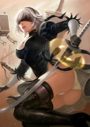 Rule 34 | 1girl, ass, black dress, black footwear, black gloves, black hairband, blindfold, boots, breasts, cleavage, cleavage cutout, clothing cutout, covered eyes, dress, feather-trimmed sleeves, frank lee, gloves, hairband, highres, holding, holding sword, holding weapon, juliet sleeves, katana, leotard, lips, long sleeves, mole, mole under mouth, nier (series), nier:automata, parted lips, pod (nier:automata), power lines, puffy sleeves, robot, short hair, silver hair, solo, sword, thigh boots, thighhighs, thighhighs under boots, vambraces, weapon, weapon on back, white leotard, 2b (nier:automata)