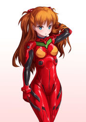 Rule 34 | 1girl, blue eyes, bolt0002, breasts, cowboy shot, curvy, female focus, hand in own hair, highres, long hair, looking at viewer, neon genesis evangelion, plugsuit, solo, souryuu asuka langley, twintails, two side up, upper body, white background