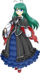 Rule 34 | 1girl, a line gown, aged up, alternate costume, alternate hair length, alternate hairstyle, antennae, bad id, bad pixiv id, blue eyes, capelet, dress, full body, gown, green hair, highres, red footwear, shoes, smile, solo, touhou, transparent background, white background, wide sleeves, wriggle nightbug, yamami-hosyo