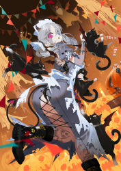 Rule 34 | 1girl, :o, absurdres, ass, back bow, bat wings, black cat, black footwear, black panties, black pants, blue eyes, boots, bow, candy, cat, dress, food, from behind, grey dress, heterochromia, highres, jack-o&#039;-lantern, lantern, looking at viewer, looking to the side, mini wings, original, panties, pants, parted lips, patchwork skin, puffy short sleeves, puffy sleeves, pumpkin, ryota-h, short sleeves, smile, solo, standing, standing on one leg, string of flags, tail, underwear, white bow, wings