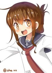 Rule 34 | 1girl, ahenn, black legwear, black sailor collar, brown eyes, brown hair, commentary request, folded ponytail, inazuma (kancolle), kantai collection, long hair, long sleeves, looking at viewer, neckerchief, open mouth, outstretched arms, red neckerchief, round teeth, sailor collar, school uniform, serafuku, shirt, simple background, solo, teeth, twitter username, upper body, upper teeth only, white background, white shirt