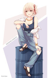 Rule 34 | 1girl, blonde hair, blue nails, blue pants, bracelet, breasts, buttons, camisole, character name, cleavage, commentary request, denim, drum (container), earrings, fingernails, full body, hair ribbon, highres, jeans, jewelry, knee up, large breasts, lycoris recoil, medium breasts, misuzu (iridescence), necklace, nishikigi chisato, open mouth, pants, red ribbon, ribbon, shirt, short hair, sitting, solo, teeth, toenails, torn clothes, torn pants, twitter username, upper teeth only, white shirt, yellow eyes