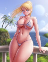 Rule 34 | 1girl, absurdres, beach house, bikini, blonde hair, blue bikini, blue eyes, breasts, cleavage, curvy, day, female focus, hair in wind, highres, home, huge breasts, large breasts, long hair, looking at viewer, metroid, naughty face, navel, nintendo, nipples visible through bra, palm trees, pink lips, ponytail, saf-404, samus aran, see-through, shiny body, smile, smirk, solo, standing, straight hair, sunlight rays, swimsuit, thick thighs, thighs, video game character, wet, wet bikini, wet clothes, wide hips