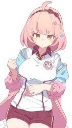 Rule 34 | 1girl, antenna hair, chieru (princess connect!), gym uniform, highres, jacket, looking at viewer, mikokomiyazawa, pink hair, princess connect!, short hair, short shorts, shorts, simple background, solo, white background, yellow eyes