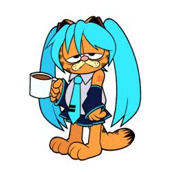 Rule 34 | aqua hair, aqua necktie, arm tattoo, bags under eyes, black skirt, cat, coffee, coffee mug, collared shirt, commentary, cosplay, cryptidhermit, cup, detached sleeves, english commentary, full body, furry, garfield, garfield (character), grey shirt, hatsune miku, hatsune miku (cosplay), holding, holding cup, mug, necktie, no humans, number tattoo, orange fur, shirt, simple background, skirt, standing, striped fur, tattoo, twintails, vocaloid, white background