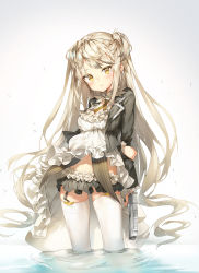 Rule 34 | 1girl, absurdres, arm behind back, arm grab, black jacket, blush, breasts, brown eyes, cleavage, closed mouth, commentary request, desert eagle, desert eagle (girls&#039; frontline), dress, garter straps, girls&#039; frontline, gun, handgun, highres, holding, holding gun, holding weapon, jacket, light brown hair, long hair, long sleeves, looking at viewer, medium breasts, mokew, name connection, navel, object namesake, open clothes, open jacket, sidelocks, solo, thighhighs, two side up, very long hair, wading, water, weapon, white background, white dress, white thighhighs