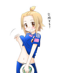 Rule 34 | 1girl, 2011 fifa women&#039;s world cup, alternate costume, bad id, bad pixiv id, ball, brown eyes, brown hair, clothes lift, grin, high ponytail, k-on!, maka (hyougenbu), navel, panties, ponytail, shirt lift, short hair, smile, soccer ball, soccer uniform, solo, sportswear, tainaka ritsu, topknot, underwear, white panties, world cup