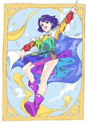 Rule 34 | 1girl, cape, dress, floating, hairband, highres, looking at viewer, looking down, multicolored clothes, multicolored dress, multicolored hairband, oftooon, pointing, pointing down, pointing up, purple footwear, purple hair, short hair, sky print, smile, solo, tenkyuu chimata, touhou, white cape