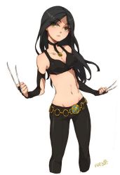 Rule 34 | 10s, 1girl, animification, bad id, bad tumblr id, bare shoulders, belt, bikini, bikini top only, black bikini, black hair, breasts, bridal gauntlets, choker, claw (weapon), cleavage, clenched hands, cowboy shot, crop top, elbow gloves, frown, gloves, green eyes, groin, jewelry, laura kinney, long hair, marvel, md5 mismatch, medium breasts, midriff, natonica, navel, pendant, simple background, skin tight, solo, swimsuit, weapon, x-23, x-men