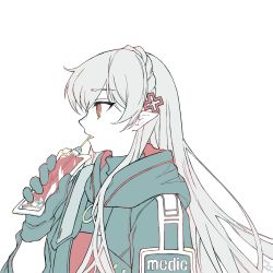 Rule 34 | 1girl, arknights, blood, blood bag, bonjirix, braid, commentary request, crown braid, drinking straw, from side, gloves, green gloves, green jacket, grey hair, hair between eyes, hand up, highres, holding, hood, hood down, hooded jacket, jacket, long hair, looking away, parted lips, pointy ears, profile, red eyes, simple background, solo, upper body, very long hair, warfarin (arknights), white background
