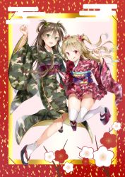 Rule 34 | 2girls, :d, :q, absurdres, blonde hair, blush, bow, breasts, brown hair, camouflage, closed mouth, egasumi, flower, full body, green bow, green eyes, green kimono, hair between eyes, hair bow, hand up, highres, japanese clothes, kimono, legs up, long hair, long sleeves, looking at viewer, medium breasts, multiple girls, obi, open mouth, original, pink kimono, platform clogs, platform footwear, red bow, red eyes, red flower, sandals, sash, short kimono, side-by-side, sidelocks, smile, socks, thighhighs, tongue, tongue out, two side up, very long hair, white flower, white legwear, wide sleeves, yoshida iyo, zouri
