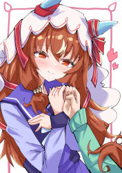 Rule 34 | 1girl, animal ears, blush, brown hair, closed mouth, commentary, hair ornament, heart, horse ears, horse girl, horse tail, looking at viewer, nodachi (artist), pinky swear, pov, pov hands, red eyes, school uniform, smile, solo focus, still in love (umamusume), tail, tracen school uniform, umamusume, veil, white background