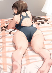 Rule 34 | ass, back, barefoot, black one-piece swimsuit, brown eyes, brown hair, competition swimsuit, curtains, from behind, jonsun, kneepits, long hair, looking to the side, lying, on bed, on stomach, one-piece swimsuit, original, solo, swimsuit, thighs