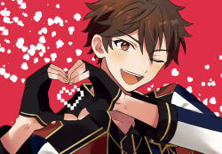 Rule 34 | 1boy, black gloves, blush, brown eyes, brown hair, commentary request, ensemble stars!, fingerless gloves, fingernails, gloves, heart, heart hands, long sleeves, looking at viewer, male focus, morisawa chiaki, nago 0313, one eye closed, open mouth, short hair, smile, solo, teeth, upper body, upper teeth only