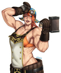 Rule 34 | abs, alternate muscle size, arms up, bandana, blacksmith, blue bandana, braid, breasts, broad shoulders, crop top, hammer, highres, holding, holding hammer, large breasts, lips, minayle (monster hunter), mittens, monster hunter (series), monster hunter rise, mootium, muscular, muscular arms, muscular female, single braid, sweat, upper body, white background