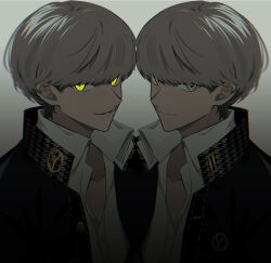 Rule 34 | 2boys, absurdres, black jacket, closed mouth, collared shirt, dual persona, grey background, grey eyes, grey hair, highres, jacket, looking at viewer, male focus, multiple boys, narukami yuu, parted lips, persona, persona 4, pswlv05, school uniform, shadow yu, shirt, simple background, upper body, white shirt, yasogami school uniform, yellow eyes