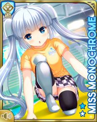 Rule 34 | 1girl, :o, black footwear, black thighhighs, blue eyes, blunt bangs, card, character name, checker pattern, girlfriend (kari), miss monochrome, miss monochrome (character), official art, on one knee, open mouth, orange shirt, outdoors, qp:flapper, school uniform, shirt, skirt, solo, tagme, thighhighs, twintails, white hair, zettai ryouiki