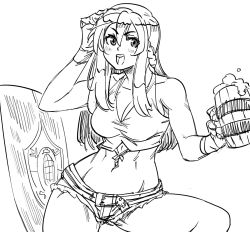Rule 34 | 1girl, :d, bad id, bare shoulders, bb (baalbuddy), beer mug, blush, braid, breasts, cleavage, crop top, cup, etrian odyssey, gloves, greyscale, hand up, highres, holding, inactive account, long hair, looking at viewer, medium breasts, monochrome, mug, navel, open mouth, raquna sheldon, sekaiju no meikyuu, shield, shin sekaiju no meikyuu, short shorts, shorts, simple background, smile, solo, tankard, white background
