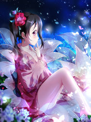 Rule 34 | 1girl, barefoot, black hair, blue flower, blue ribbon, bug, butterfly, earrings, finger to mouth, floral print, flower, hair flower, hair ornament, hair ribbon, highres, bug, japanese clothes, jewelry, kimono, long hair, long sleeves, looking at viewer, love live!, love live! school idol project, night, outdoors, pink eyes, pink kimono, print kimono, purple flower, red flower, ribbon, short kimono, sitting, solo, twintails, xiao ren, yazawa nico