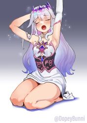 Rule 34 | 1girl, arms up, bare legs, barefoot, circlet, closed eyes, colored inner hair, dopeybunni, dress, flat chest, grey hair, highres, hololive, hololive english, jewel under eye, kneeling, koseki bijou, long hair, looking at viewer, multicolored hair, open mouth, sleepy, smile, stretching, thick thighs, thighs, virtual youtuber, waking up, white dress, wide hips, yawning