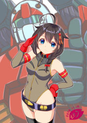 Rule 34 | 1girl, ahoge, artist logo, belt, black hair, blue eyes, braid, breasts, brown leotard, cosplay, cowboy shot, dated, elbow gloves, gloves, guncannon, gundam, gundam card builder, hair flaps, hair ornament, hair over shoulder, kantai collection, leotard, long hair, looking at viewer, mecha, moke ro, multicolored clothes, multicolored gloves, race queen, red gloves, reiko holinger, reiko holinger (cosplay), robot, salute, shigure (kancolle), single braid, small breasts, solo, standing, zoom layer