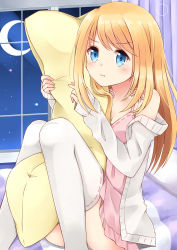 Rule 34 | 1girl, :t, absurdres, bed, blonde hair, blue eyes, camisole, chloe lemaire, crescent moon, girlfriend (kari), highres, indoors, moon, night, night sky, nikitan (niki), hugging object, on bed, pillow, pillow hug, pout, ribbon-trimmed legwear, ribbon trim, sitting, sky, solo, star (sky), starry sky, thighhighs, wavy mouth, window