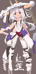 Rule 34 | armor, breasts, brown background, brown eyes, character name, closed mouth, clothing cutout, full body, goddess of victory: nikke, grey hair, hand on weapon, hat, japanese armor, jingasa, kado (hametunoasioto), kote, large hat, leotard, long hair, medium breasts, pixel art, scarlet (nikke), sheath, shoulder armor, simple background, smile, sode, standing, sword, weapon, weapon on back, white leotard