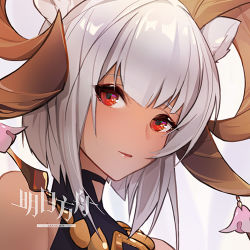 Rule 34 | 1girl, animal ears, arknights, bare shoulders, black one-piece swimsuit, carnelian (arknights), carnelian (shimmering dew) (arknights), copyright name, dark-skinned female, dark skin, goat ears, goat girl, goat horns, horns, looking at viewer, lowres, mang (0 felicidades), official alternate costume, one-piece swimsuit, portrait, red eyes, short hair, solo, swimsuit, white hair