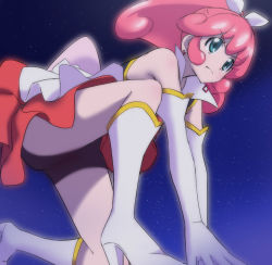 Rule 34 | 10s, 1girl, aqua eyes, boots, cure mirage, elbow gloves, gloves, happinesscharge precure!, haruyama kazunori, kneeling, magical girl, no panties, pink hair, precure, queen mirage, red skirt, short hair, skirt, solo, spoilers, white gloves