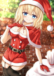 Rule 34 | 1girl, absurdres, alice margatroid, alternate costume, belt, black belt, black thighhighs, blonde hair, blue eyes, blush, bow, breasts, buttons, christmas tree, closed mouth, dress, gloves, hair between eyes, hand up, hat, highres, looking at viewer, medium breasts, red bow, red dress, red gloves, red hat, reijing etrn, short hair, short sleeves, smile, solo, standing, star (symbol), thighhighs, touhou, tree