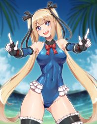Rule 34 | 1girl, beach, black legwear, blonde hair, blue eyes, blue leotard, blue one-piece swimsuit, bow, breasts, dead or alive, frills, gloves, hair bow, highleg, highleg leotard, highres, leotard, long hair, looking at viewer, marie rose, medium breasts, one-piece swimsuit, red ribbon, ribbon, skin tight, smile, swimsuit, twintails, yasu suupatenin