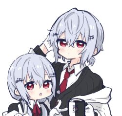 Rule 34 | 2girls, arm behind head, arm up, black jacket, blush, closed mouth, collared shirt, cup, double v, dual persona, gloves, grey hair, hair between eyes, hair ornament, hairclip, hakase fuyuki, hands up, holding, holding cup, jacket, looking at viewer, mug, multiple girls, necktie, nijisanji, nozo (hitomiz), off shoulder, open clothes, open jacket, parted lips, red eyes, red necktie, shirt, simple background, v, virtual youtuber, white background, white gloves, white jacket, white shirt