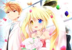 Rule 34 | 1girl, 2boys, :d, balloon, bare shoulders, bell, blonde hair, blue eyes, blue necktie, blush, bouquet, bridal veil, church, closed mouth, collarbone, commentary request, confetti, couple, detached sleeves, dress, fish ornament, flower, formal, hair between eyes, happy, hetero, heterochromia, holding, holding bouquet, jewelry, long hair, long sleeves, looking afar, multiple boys, nakatsu shizuru, necklace, necktie, open mouth, orange eyes, orange hair, rewrite, rose, short hair, smile, spiked hair, standing, suit, tagame (tagamecat), tennouji kotarou, twintails, upper body, veil, wedding, wedding dress, white flower, white rose, white sleeves, white suit, yellow eyes, yoshino haruhiko